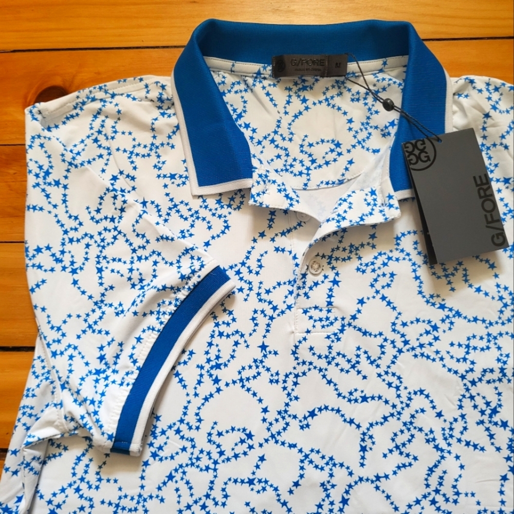 New G Fore Polo Shirt Mens Medium Blue Geometric Performance Stretch Preppy USA